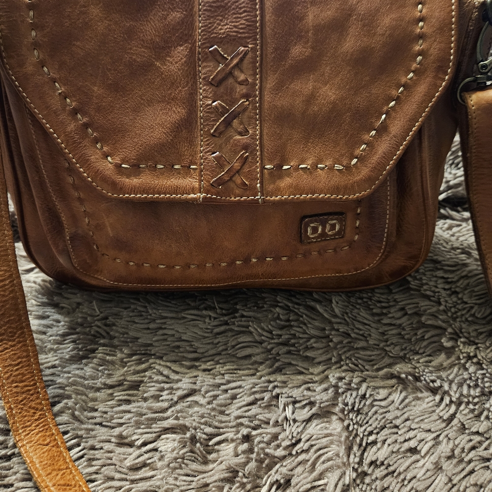 BEDSTU Brown Leather Crossbody Bag with Decorative Stitching